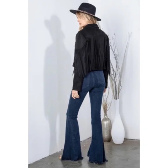 SOLD OUT Black Faux Leather Suede Fringe Cropped Western Boho Moto Jacket - Picture 8 of 9